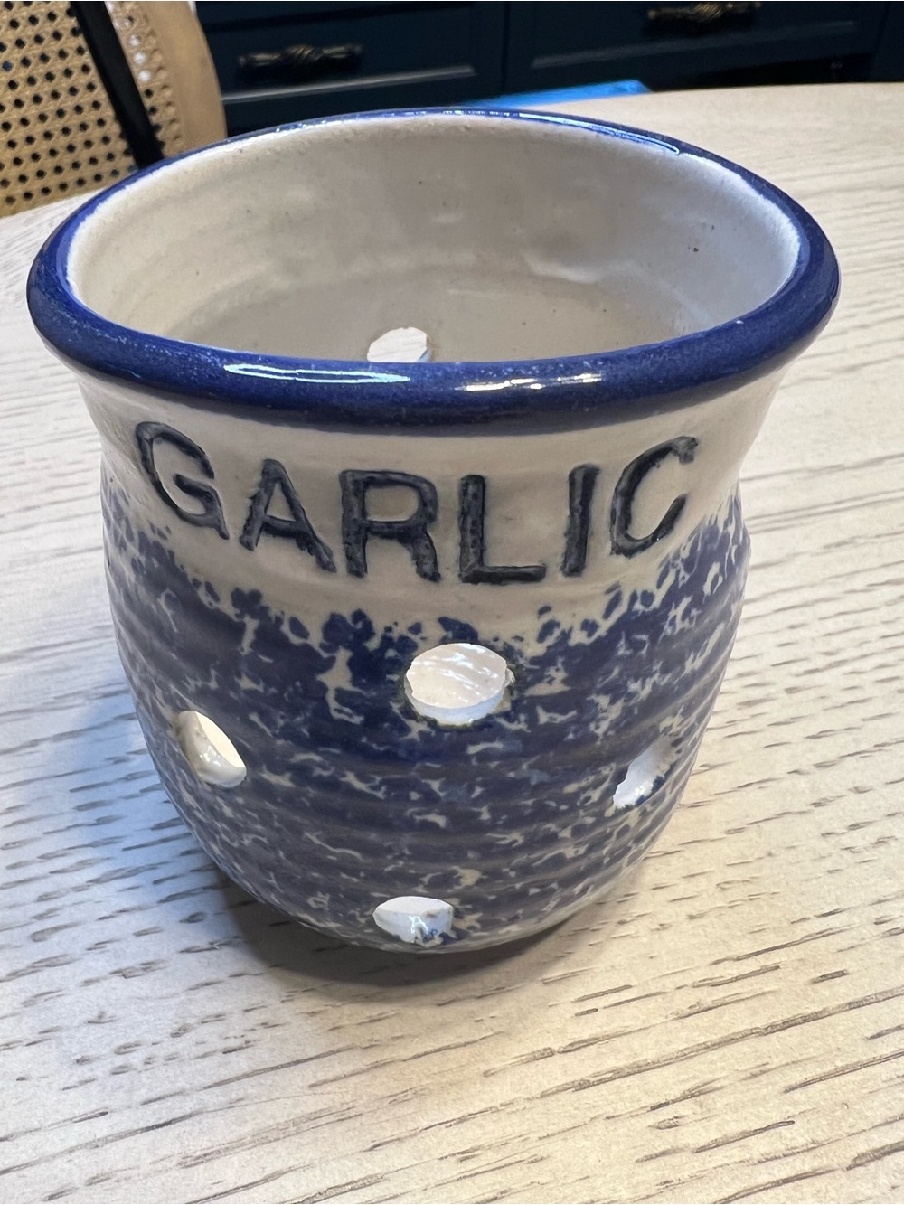 Vtg Blue and White Pottery Garlic Keeper Jar Signed
